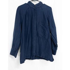 Lunya Linen Cotton Silk Button Down Navy Blue Pocket Resort Pajama Shirt Top S